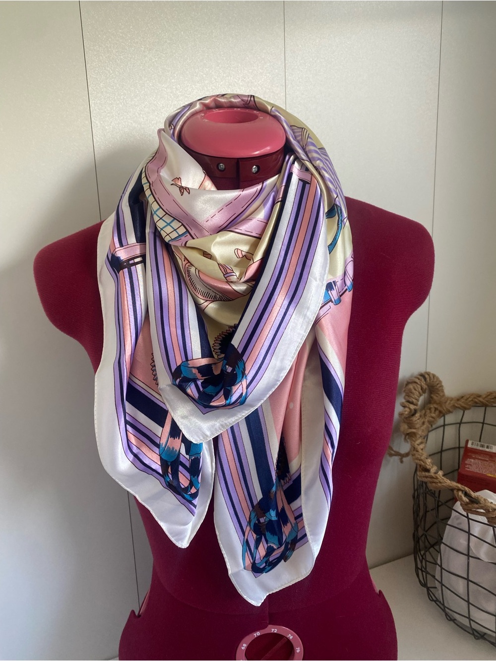 Pastel Horse Print Satiny Poly Scarf - Pink, Lavender, Navy